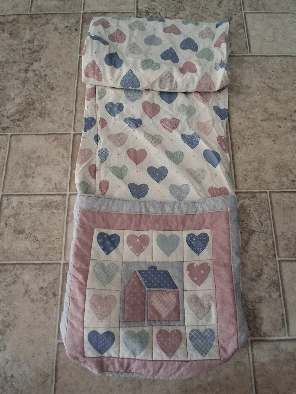 Vintage Quillow Handmade Pillow Lap Quilt 90s Cottagecore Hearts Houses Grandma